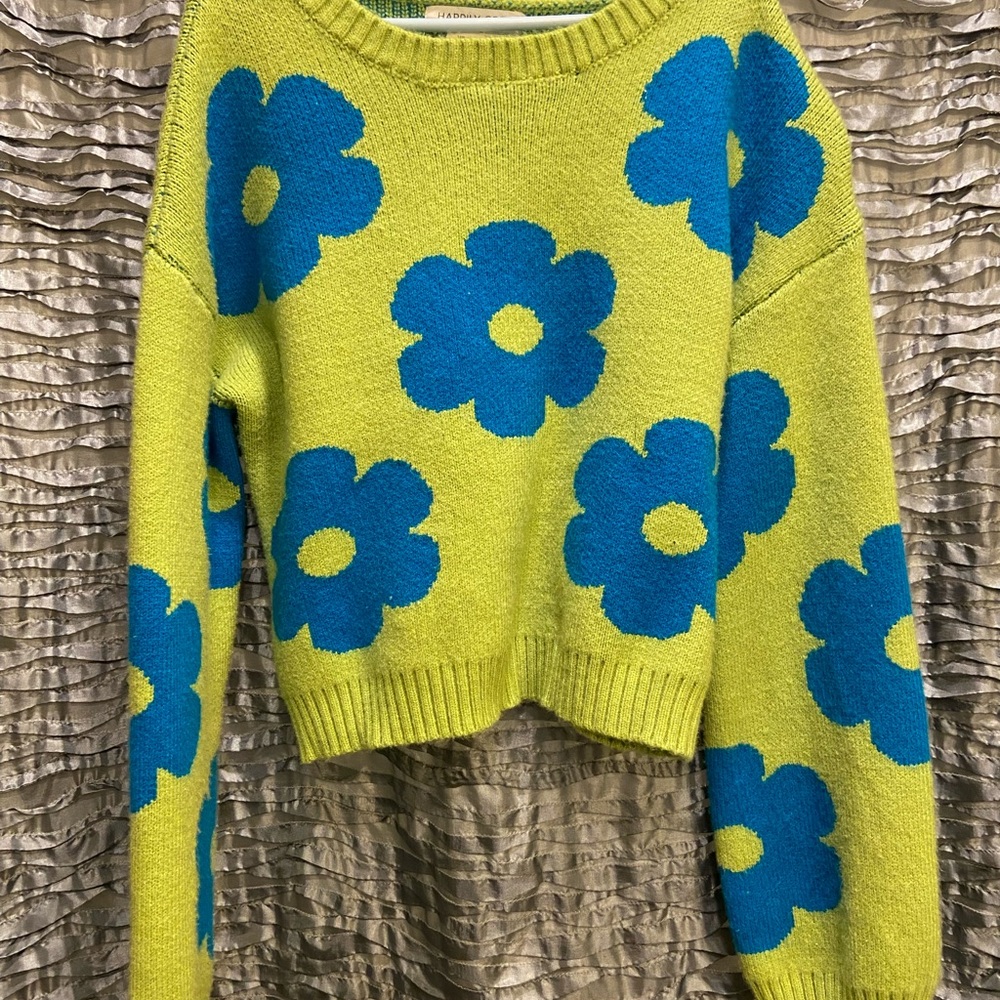 Happily Grey Vibrant Floral Sweater Lime with Blue Flowers Girls 7/8